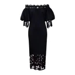 Off Shoulder Lace Trimmed Evening Dress Lantern Sleeves Elegant Design Perfect for Parties Whole