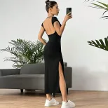 Elegant Backless Bodycon Maxi Dress Sexy Design Waist Cinching Side Slit Spring Summer Fashion W