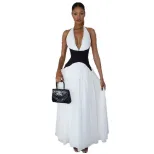 A Line Dress Ruched Color Block Deep V Neck Backless Elegant Evening Wear Wholesale Available