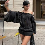 Off Shoulder Ruched Bodycon Dress Lantern Long Sleeves Sexy Fit Autumn Fashion Wholesale Availab