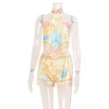 Bohemian Print Strapless Top and Loose Shorts Set Womens Fashion Comfortable Fit Casual Style Wh