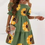 Short Sleeve Off Shoulder Ruched Floral Dress Waist Defined Elegant Design Perfect for Summer Ev