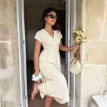 Vacation Style Maxi Dress Solid Color Textured Fabric V Neck Flutter Sleeves Perfect for Summer