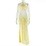 European Style Womens Bodycon Dress Solid Color Cross Neck Spliced Design Slim Fit Perfect for O