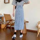 2022春夏新款复古港味中长款高腰裙子显瘦开叉包臀牛仔半身裙女装