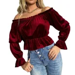 Womens Long Sleeve T Shirt Off Shoulder Neckline Ruffle Detail French Style Velvet Fabric Spring