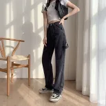 2023春季新款韩版ins复古宽松高腰直筒牛仔裤女百搭显瘦拖地长裤