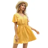 Summer Yellow Polka Dot Dress Short Slim Fit V Neck Casual Style Perfect for Parties or Everyday