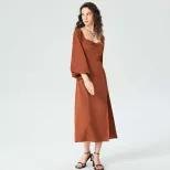 Elegant Midi Dress Square Neck Split Hem Autumn Winter French Style Perfect for Sophisticated Oc