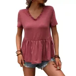 Casual V Neck Loose Fit T Shirt Summer Style Solid Color Short Sleeve Wholesale Available custom