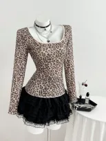 Leopard Print Long Sleeve T Shirt Slim Fit Square Neck Trendy Design Casual Wear for Women Ready