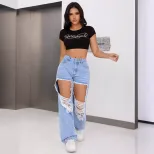 Fashionable Womens Distressed Wide Leg Straight Leg Jeans Casual Style Trendy Design Comfortable