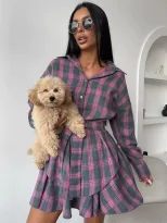 Plaid Two Piece Set Loose Fit Shirt with Lapel Waist Tie Flared Skirt Casual Fashion for Women W
