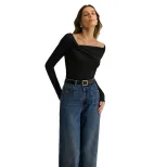 Elegant Womens T Shirt Simple Fashion Asymmetrical Neckline Pleated Design Slim Fit Spring Summe