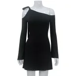 Off Shoulder Long Sleeve Bodycon Dress Slim Fit Solid Color Adjustable Straps Evening Wear Cockt