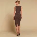 Fashionable Striped Bodycon Dress Sleeveless Waist Cinching Back Slit Mid Length Perfect for Par