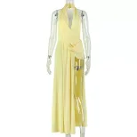 Casual Backless Dress Ruffled Bodycon Fit V Neck Solid Color Ideal for Home Wear or Relaxed Outi