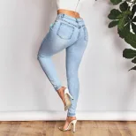 High Elasticity Womens Denim Pants Slim Fit Distressed Hem Bow Detail Casual Wear Ready to Ship
