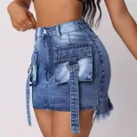 Casual Denim Skirt Stylish Workwear Design Large Pockets Decorative Straps Versatile for Everyda
