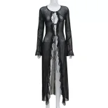 Sheer Mesh Long Cardigan Dress Ruffled Edges Tie Closure Sexy Style Perfect for Parties and Nigh