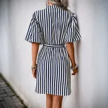 Casual Striped Shirt Dress Ruffle Sleeve Stand Collar European and American Style Perfect for Sp