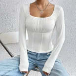 Slim Fit Long Sleeve T Shirt Square Neck Solid Color Casual Style Spring Summer Collection Whole