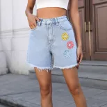 High Waisted Floral Print Wide Leg Denim Shorts Stylish Comfortable Versatile Summer Casual Wear
