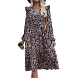 Floral Print V Neck Long Sleeve Dress Ruffled Hem Autumn Style Womens Fashion for Casual Occasio