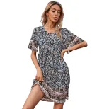 Geometric Floral Print Dress Round Neck Short Sleeve Summer Style Perfect for Casual Outings Who