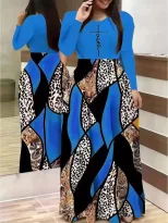 Casual Long Sleeve Maxi Dress 200g Fabric Floral Print Round Neck Perfect for Spring and Summer