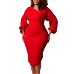 Asymmetrical Neck Long Sleeve Dress Fashionable OL Style Elegant Fit for Office Wear Wholesale A