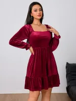 French Style Velvet Midi Dress Elegant Burgundy Color Spring Summer Collection Wholesale Availab