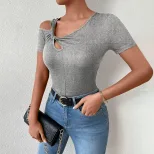 Womens Fashionable Short Sleeve T Shirt Asymmetrical Design Off Shoulder Neckline Lightweight Fa