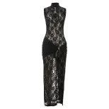 Fashionable Womens Bodycon Dress Hollow Lace Patchwork High Slit Sexy Design Spring Summer Colle