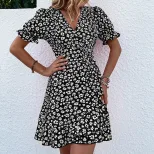 Floral Ruffle Hem Dress for Women Vintage Style Summer Casual Wear Available in Black Wholesale with Low MOQ