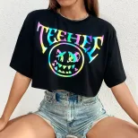 Fashion Womens Short Sleeve T Shirt Round Neck Printed Trendy Design Casual Wear Summer Style Wh