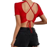 Summer Womens Short Sleeve T Shirt Sexy Backless Design Cropped Length Lightweight Fabric Casual