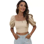 Womens Lantern Sleeve Backless Tie T Shirt Solid Color Square Neck Short Length Spring Summer Ca