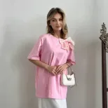 Loose Fit Womens T Shirt 3D Rhinestone Bow Cotton Fabric Short Sleeve Casual Wear for Spring Sum