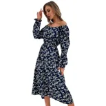 Blue Floral Off Shoulder Dress Long Sleeve Stylish Autumn Fashion Wholesale Available private la