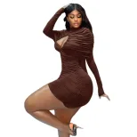 Fashionable Womens Bodycon Dress Sexy Hollow Out High Neck Long Sleeve Trendy for Parties and Ev