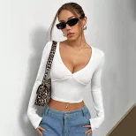 V Neck Long Sleeve Crop Top Solid Color Stylish Design Sexy Fit Spring Summer Womens Fashion Who