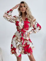 Long Sleeve V Neck Floral Print Dress Sexy Design Adjustable Tie Trendy Style Perfect for Partie