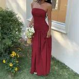 French Style Strapless Maxi Dress Soft Fabric Waist Tie Design Non Slip Strips Summer Vacation W