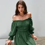 Vintage One Shoulder Lantern Sleeve Maxi Dress Elegant Design Flowy Silhouette Comfortable Fabri