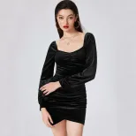 A Line Velvet Dress Square Neck Long Puff Sleeves Elegant Design Perfect for Parties and Special