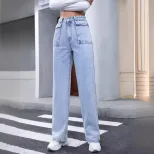 High Waisted Straight Leg Denim Pants Pocket Design Casual Style Womens Fashion Wholesale Availa
