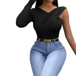 Womens V Neck Long Sleeve T Shirt Slim Fit Asymmetrical Design Lightweight Fabric Spring Summer