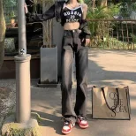美式高腰直筒牛仔裤女2023春季设计感高街辣妹宽松阔腿拖地休闲裤