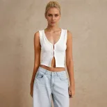 Summer Womens Crop Top Simple V Neck Sleeveless Slim Fit Polyester Casual Wear for Everyday Use